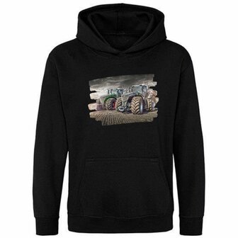 Zwarte hoodie met groene tractor met rode wielen