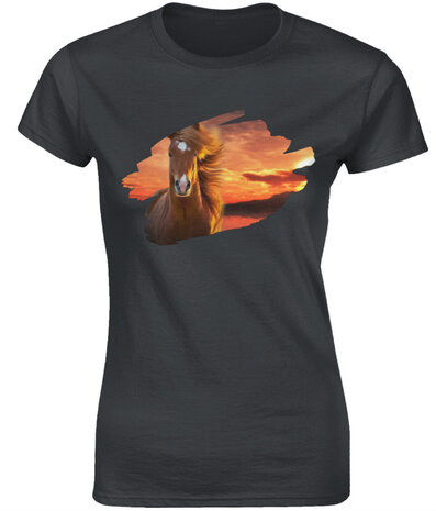 Dames T-Shirt met paardenprint zwart
