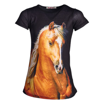 Lang meisjes t-shirt met paard zwart