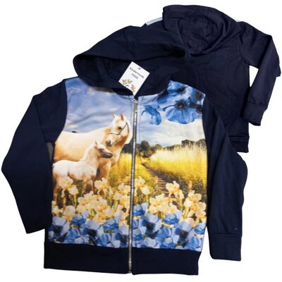 Blauw kindervest met paarden en bloemen