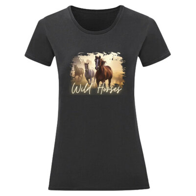 Dames T-shirt Wild horses zwart