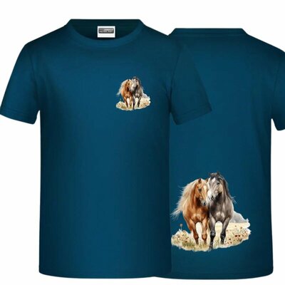 Trendy petrol blauw meisjes t-shirt met paarden