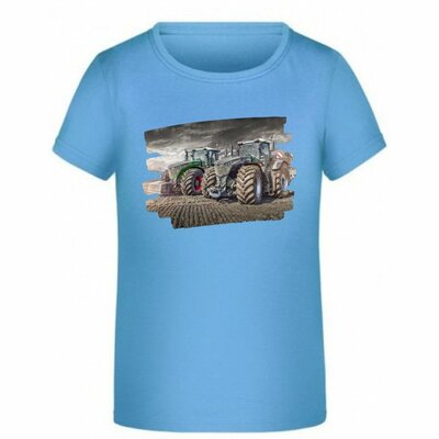 Trekker shirt lichtblauw groene tractor met rode wielen